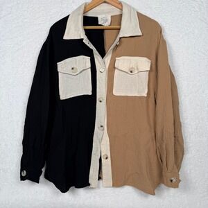 Fantastic Fawn Button Down Women M Black Tan Colorblock Gauze Shacket